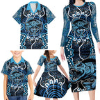 Custom Barramundi Fishing Family Matching Long Sleeve Bodycon Dress and Hawaiian Shirt Indigenous Aboriginal Dot Art Blue Fish