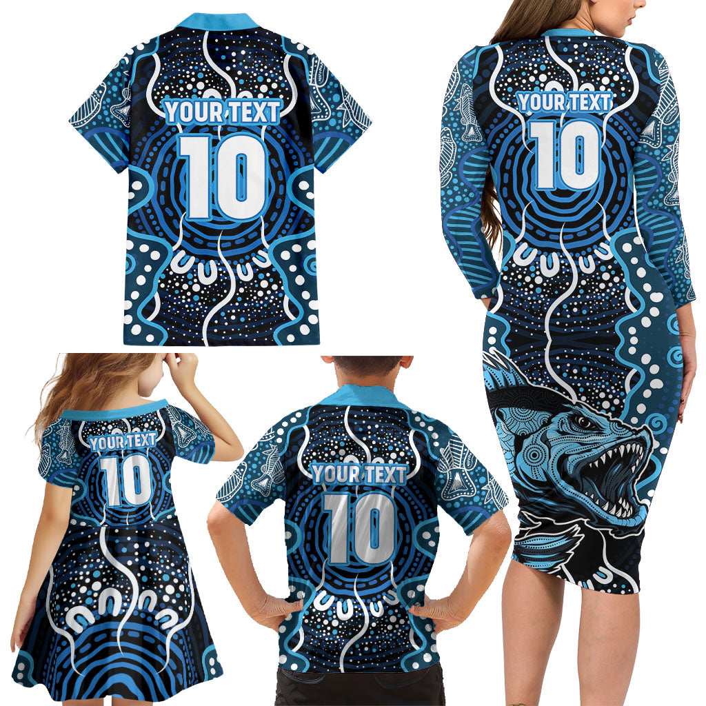 Custom Barramundi Fishing Family Matching Long Sleeve Bodycon Dress and Hawaiian Shirt Indigenous Aboriginal Dot Art Blue Fish
