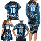 Custom Barramundi Fishing Family Matching Long Sleeve Bodycon Dress and Hawaiian Shirt Indigenous Aboriginal Dot Art Blue Fish