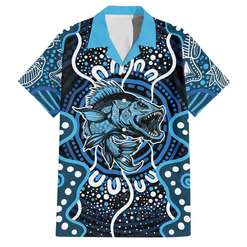 Custom Barramundi Fishing Family Matching Long Sleeve Bodycon Dress and Hawaiian Shirt Indigenous Aboriginal Dot Art Blue Fish
