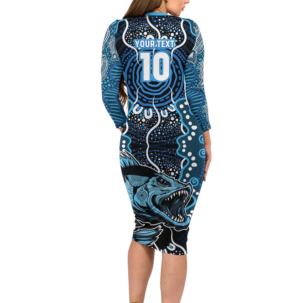Custom Barramundi Fishing Family Matching Long Sleeve Bodycon Dress and Hawaiian Shirt Indigenous Aboriginal Dot Art Blue Fish
