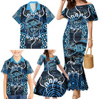 Custom Barramundi Fishing Family Matching Mermaid Dress and Hawaiian Shirt Indigenous Aboriginal Dot Art Blue Fish