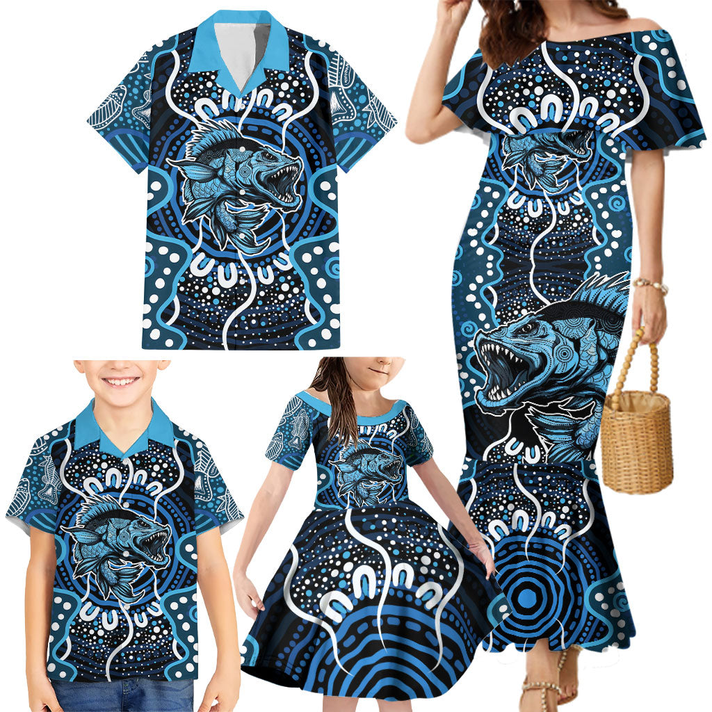 Custom Barramundi Fishing Family Matching Mermaid Dress and Hawaiian Shirt Indigenous Aboriginal Dot Art Blue Fish