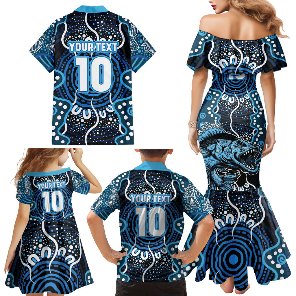 Custom Barramundi Fishing Family Matching Mermaid Dress and Hawaiian Shirt Indigenous Aboriginal Dot Art Blue Fish