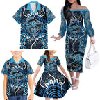 Custom Barramundi Fishing Family Matching Off The Shoulder Long Sleeve Dress and Hawaiian Shirt Indigenous Aboriginal Dot Art Blue Fish
