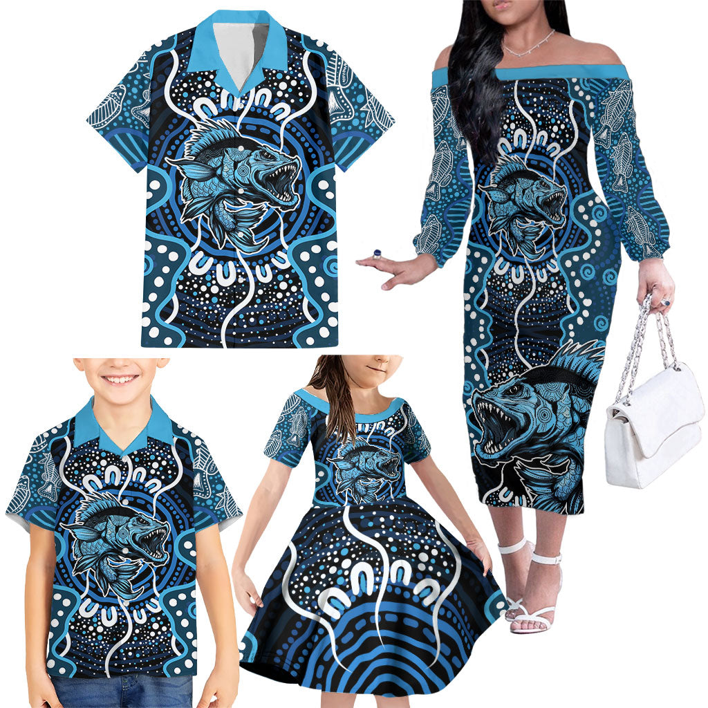 Custom Barramundi Fishing Family Matching Off The Shoulder Long Sleeve Dress and Hawaiian Shirt Indigenous Aboriginal Dot Art Blue Fish