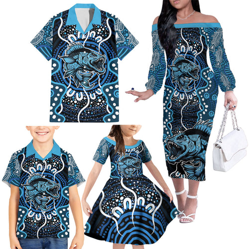 Custom Barramundi Fishing Family Matching Off The Shoulder Long Sleeve Dress and Hawaiian Shirt Indigenous Aboriginal Dot Art Blue Fish