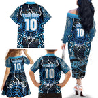 Custom Barramundi Fishing Family Matching Off The Shoulder Long Sleeve Dress and Hawaiian Shirt Indigenous Aboriginal Dot Art Blue Fish