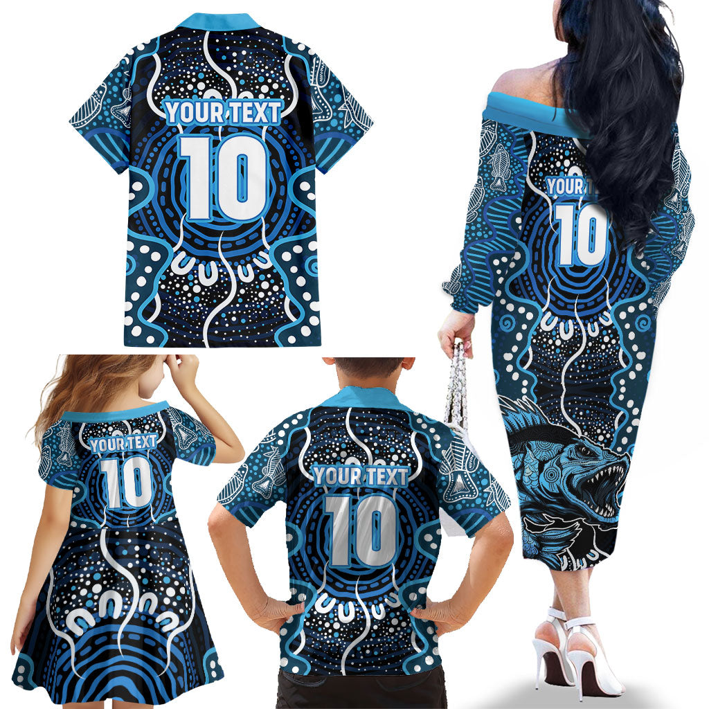 Custom Barramundi Fishing Family Matching Off The Shoulder Long Sleeve Dress and Hawaiian Shirt Indigenous Aboriginal Dot Art Blue Fish