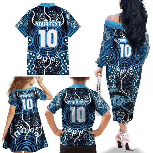 Custom Barramundi Fishing Family Matching Off The Shoulder Long Sleeve Dress and Hawaiian Shirt Indigenous Aboriginal Dot Art Blue Fish