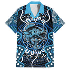 Custom Barramundi Fishing Family Matching Off The Shoulder Long Sleeve Dress and Hawaiian Shirt Indigenous Aboriginal Dot Art Blue Fish
