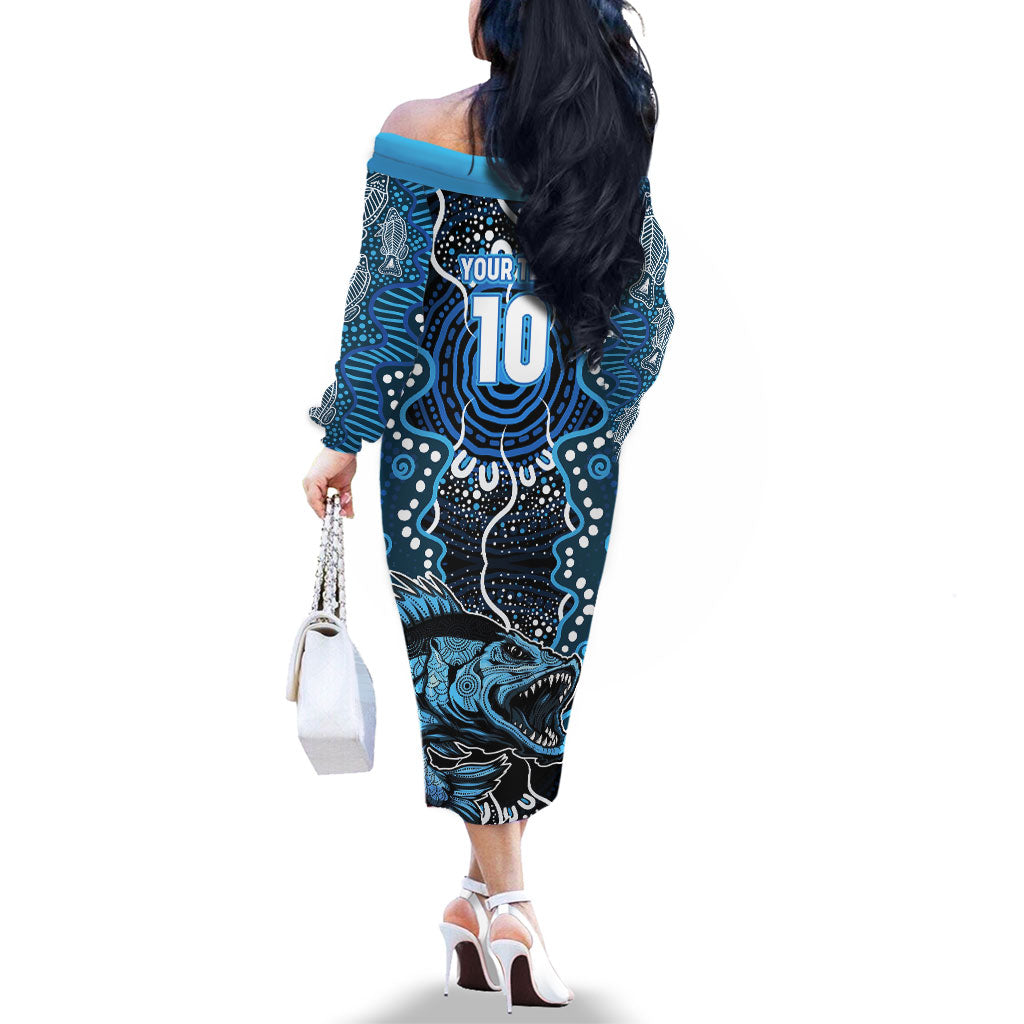 Custom Barramundi Fishing Family Matching Off The Shoulder Long Sleeve Dress and Hawaiian Shirt Indigenous Aboriginal Dot Art Blue Fish