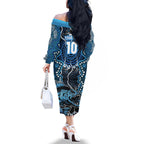Custom Barramundi Fishing Family Matching Off The Shoulder Long Sleeve Dress and Hawaiian Shirt Indigenous Aboriginal Dot Art Blue Fish