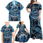 Custom Barramundi Fishing Family Matching Off Shoulder Maxi Dress and Hawaiian Shirt Indigenous Aboriginal Dot Art Blue Fish