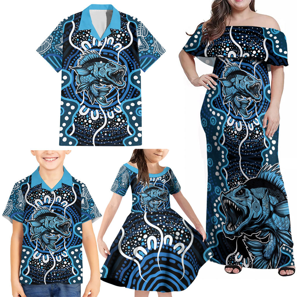 Custom Barramundi Fishing Family Matching Off Shoulder Maxi Dress and Hawaiian Shirt Indigenous Aboriginal Dot Art Blue Fish