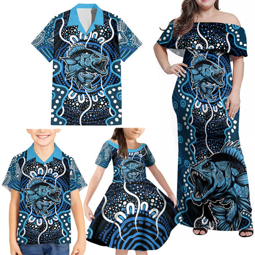 Custom Barramundi Fishing Family Matching Off Shoulder Maxi Dress and Hawaiian Shirt Indigenous Aboriginal Dot Art Blue Fish