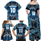 Custom Barramundi Fishing Family Matching Off Shoulder Maxi Dress and Hawaiian Shirt Indigenous Aboriginal Dot Art Blue Fish