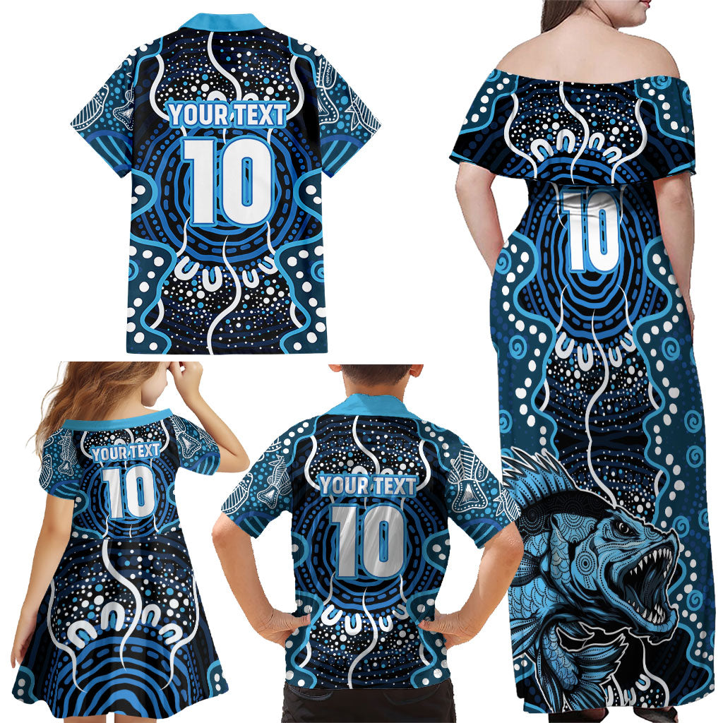 Custom Barramundi Fishing Family Matching Off Shoulder Maxi Dress and Hawaiian Shirt Indigenous Aboriginal Dot Art Blue Fish