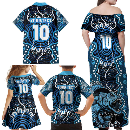 Custom Barramundi Fishing Family Matching Off Shoulder Maxi Dress and Hawaiian Shirt Indigenous Aboriginal Dot Art Blue Fish