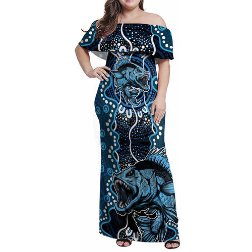 Custom Barramundi Fishing Family Matching Off Shoulder Maxi Dress and Hawaiian Shirt Indigenous Aboriginal Dot Art Blue Fish