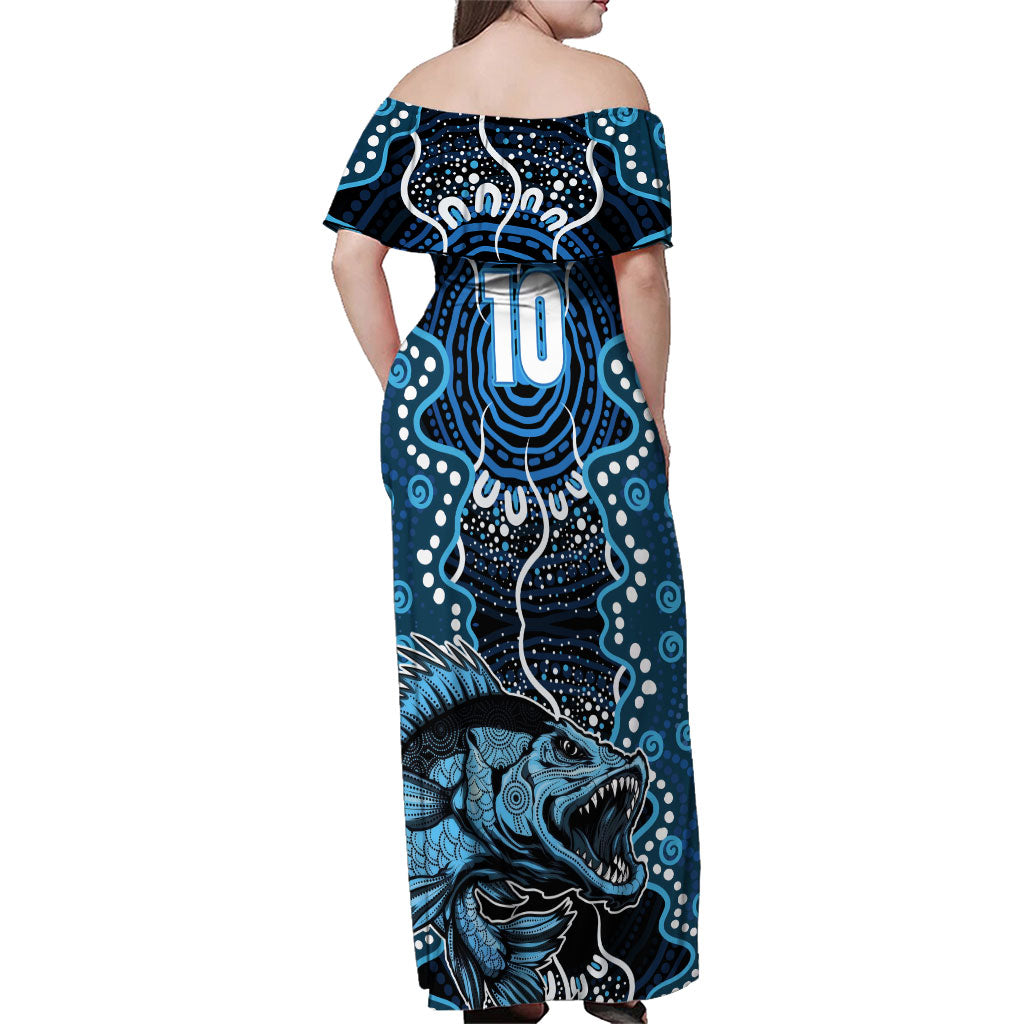 Custom Barramundi Fishing Family Matching Off Shoulder Maxi Dress and Hawaiian Shirt Indigenous Aboriginal Dot Art Blue Fish