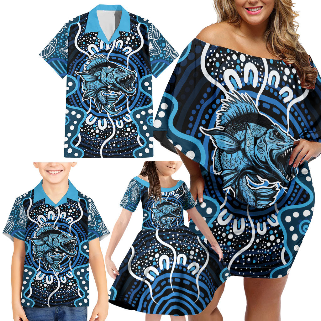 Custom Barramundi Fishing Family Matching Off Shoulder Short Dress and Hawaiian Shirt Indigenous Aboriginal Dot Art Blue Fish