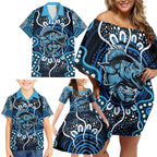Custom Barramundi Fishing Family Matching Off Shoulder Short Dress and Hawaiian Shirt Indigenous Aboriginal Dot Art Blue Fish
