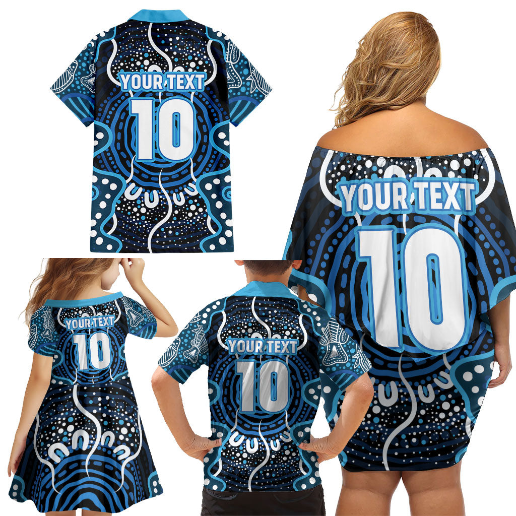 Custom Barramundi Fishing Family Matching Off Shoulder Short Dress and Hawaiian Shirt Indigenous Aboriginal Dot Art Blue Fish