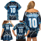 Custom Barramundi Fishing Family Matching Off Shoulder Short Dress and Hawaiian Shirt Indigenous Aboriginal Dot Art Blue Fish