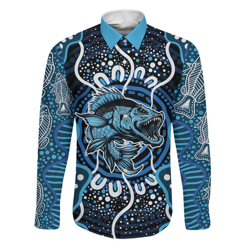 Custom Barramundi Fishing Family Matching Off Shoulder Short Dress and Hawaiian Shirt Indigenous Aboriginal Dot Art Blue Fish
