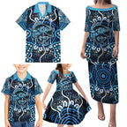 Custom Barramundi Fishing Family Matching Puletasi and Hawaiian Shirt Indigenous Aboriginal Dot Art Blue Fish