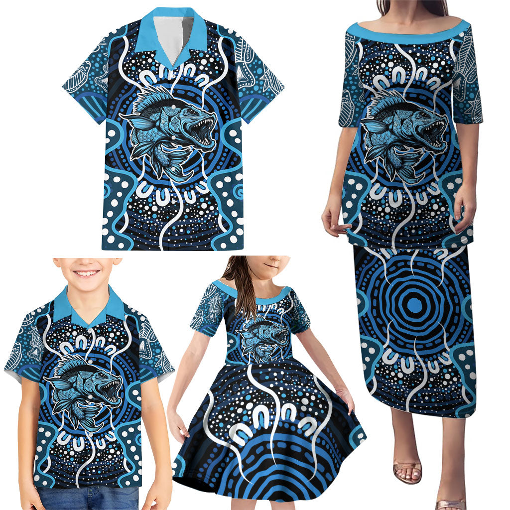 Custom Barramundi Fishing Family Matching Puletasi and Hawaiian Shirt Indigenous Aboriginal Dot Art Blue Fish