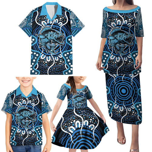 Custom Barramundi Fishing Family Matching Puletasi and Hawaiian Shirt Indigenous Aboriginal Dot Art Blue Fish