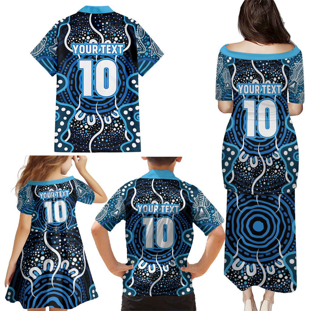 Custom Barramundi Fishing Family Matching Puletasi and Hawaiian Shirt Indigenous Aboriginal Dot Art Blue Fish