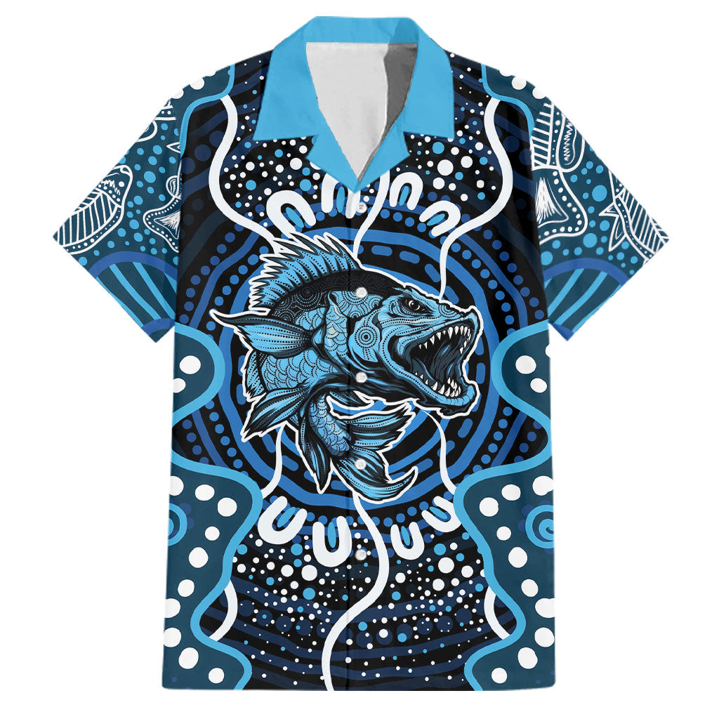Custom Barramundi Fishing Family Matching Puletasi and Hawaiian Shirt Indigenous Aboriginal Dot Art Blue Fish