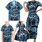 Custom Barramundi Fishing Family Matching Short Sleeve Bodycon Dress and Hawaiian Shirt Indigenous Aboriginal Dot Art Blue Fish