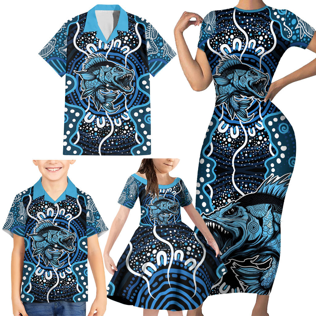 Custom Barramundi Fishing Family Matching Short Sleeve Bodycon Dress and Hawaiian Shirt Indigenous Aboriginal Dot Art Blue Fish