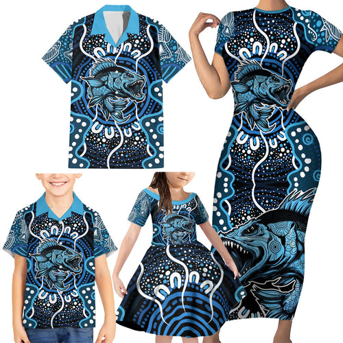 Custom Barramundi Fishing Family Matching Short Sleeve Bodycon Dress and Hawaiian Shirt Indigenous Aboriginal Dot Art Blue Fish