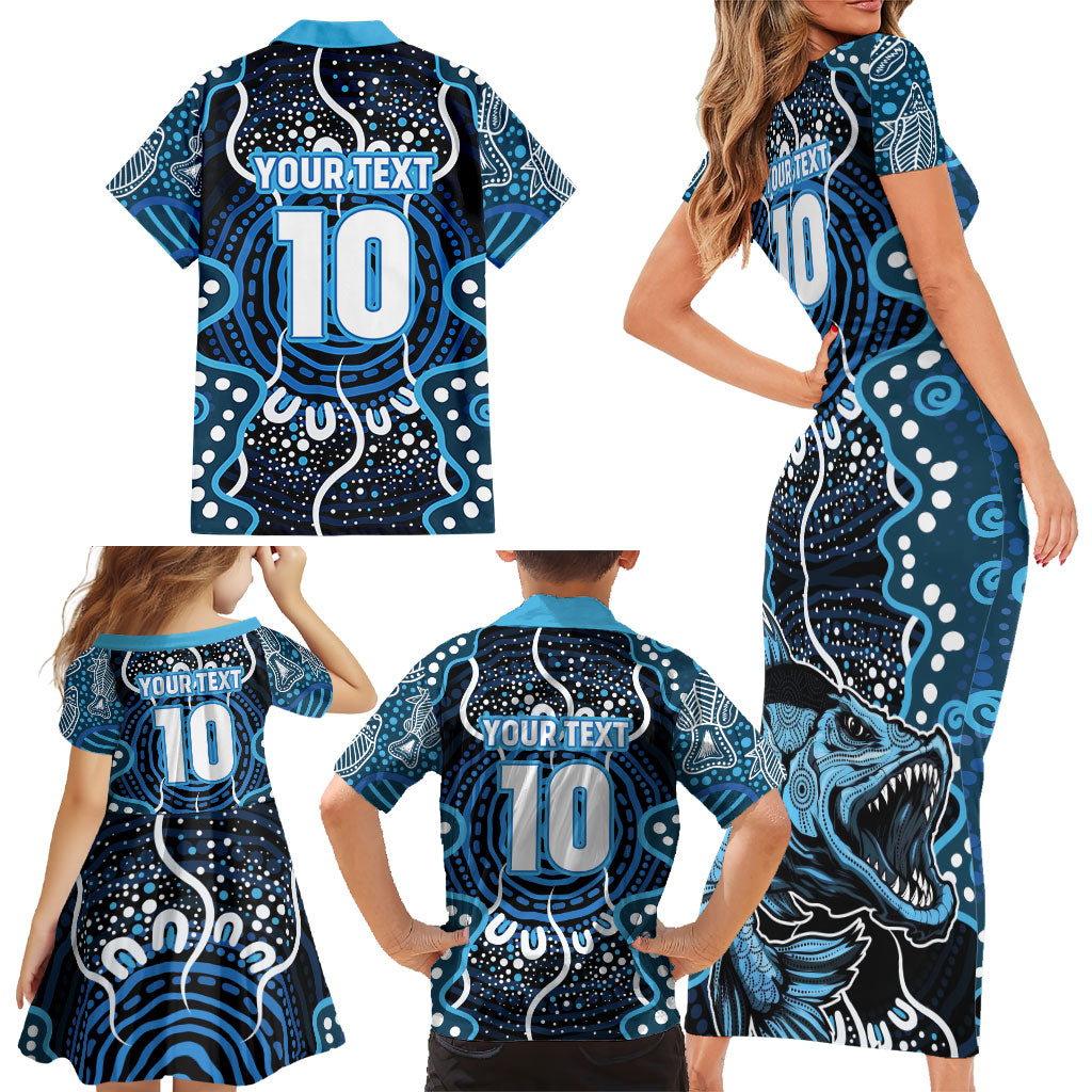 Custom Barramundi Fishing Family Matching Short Sleeve Bodycon Dress and Hawaiian Shirt Indigenous Aboriginal Dot Art Blue Fish