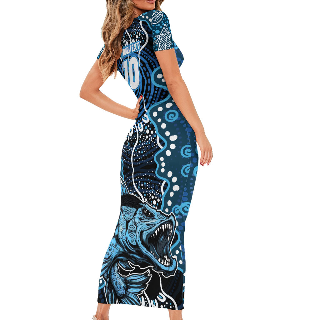 Custom Barramundi Fishing Family Matching Short Sleeve Bodycon Dress and Hawaiian Shirt Indigenous Aboriginal Dot Art Blue Fish