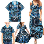 Custom Barramundi Fishing Family Matching Summer Maxi Dress and Hawaiian Shirt Indigenous Aboriginal Dot Art Blue Fish