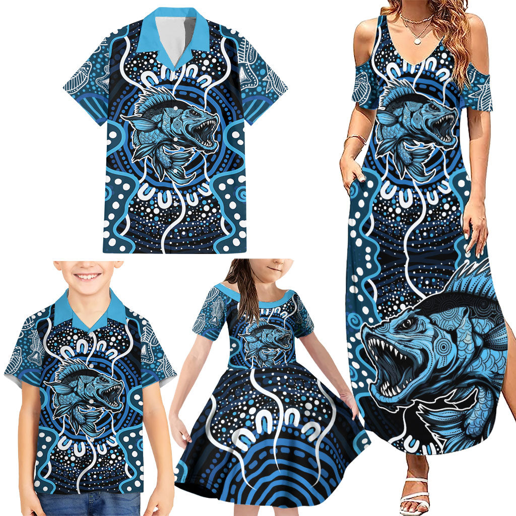 Custom Barramundi Fishing Family Matching Summer Maxi Dress and Hawaiian Shirt Indigenous Aboriginal Dot Art Blue Fish