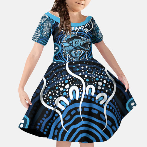 Custom Barramundi Fishing Family Matching Summer Maxi Dress and Hawaiian Shirt Indigenous Aboriginal Dot Art Blue Fish