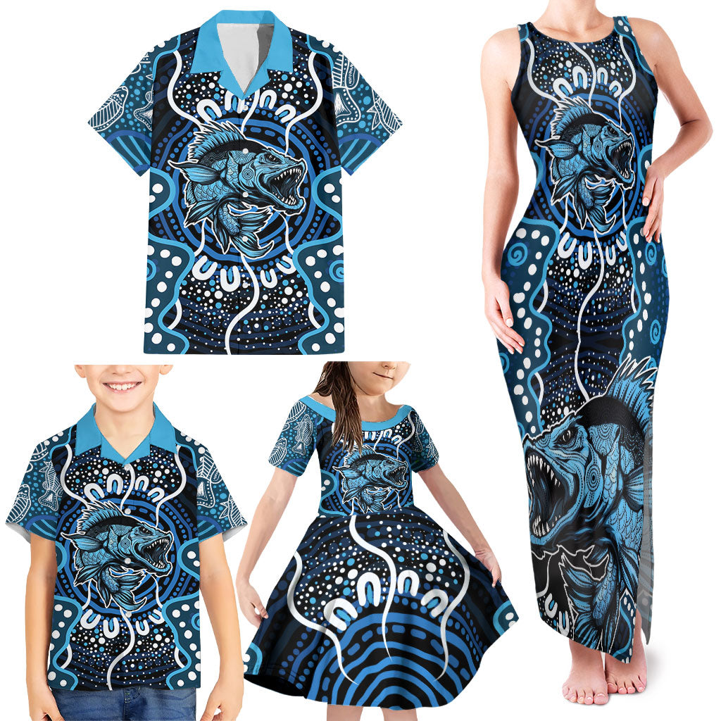 Custom Barramundi Fishing Family Matching Tank Maxi Dress and Hawaiian Shirt Indigenous Aboriginal Dot Art Blue Fish