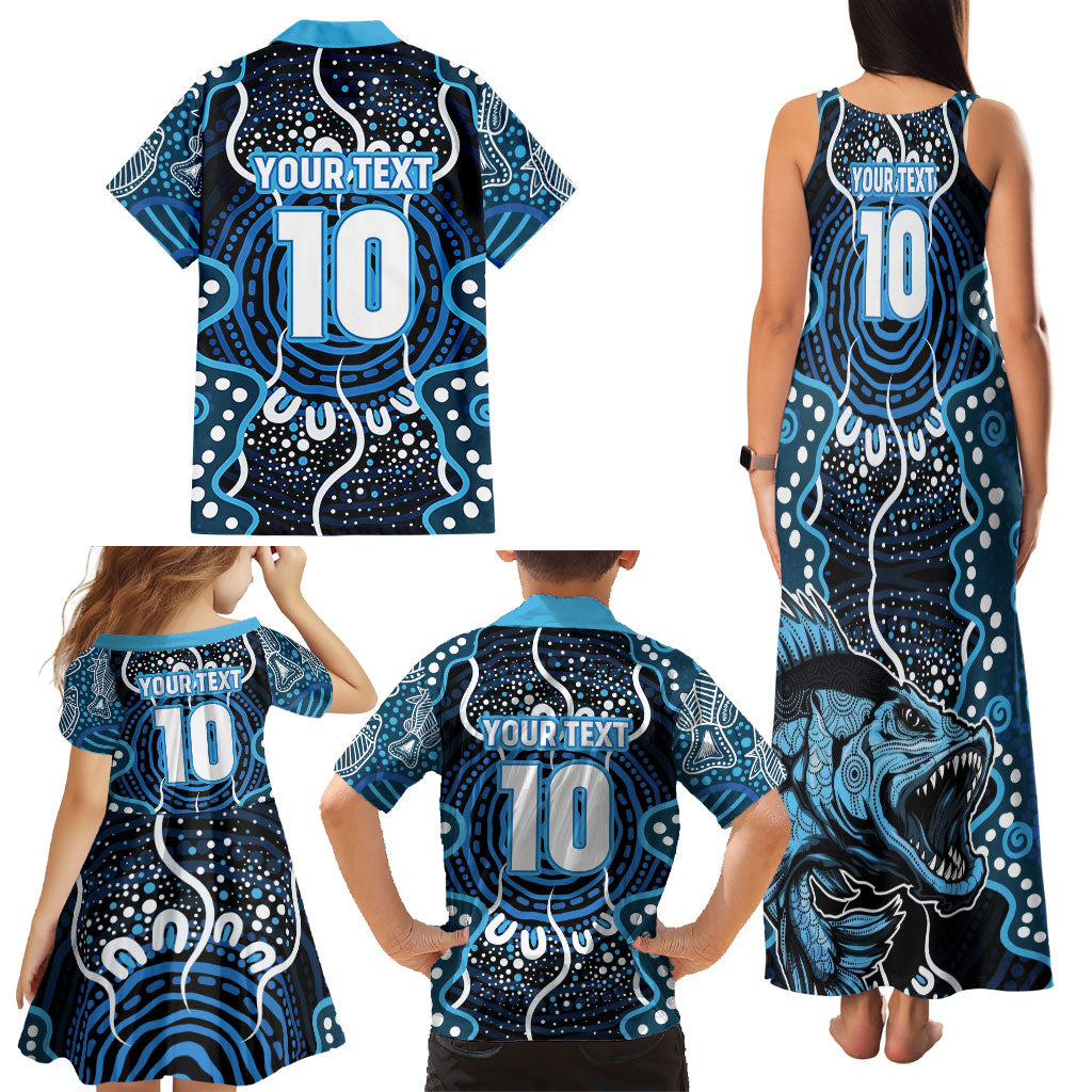 Custom Barramundi Fishing Family Matching Tank Maxi Dress and Hawaiian Shirt Indigenous Aboriginal Dot Art Blue Fish