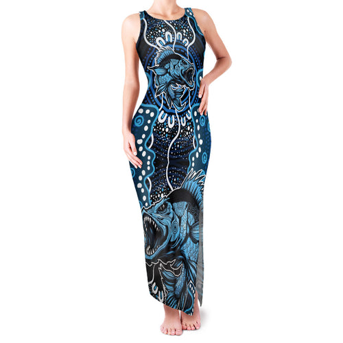 Custom Barramundi Fishing Family Matching Tank Maxi Dress and Hawaiian Shirt Indigenous Aboriginal Dot Art Blue Fish