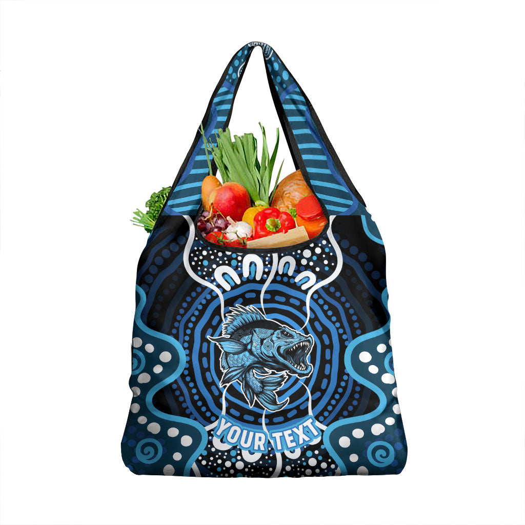 Custom Barramundi Fishing Grocery Bag Indigenous Aboriginal Dot Art Blue Fish