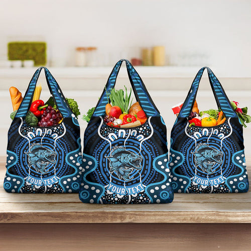 Custom Barramundi Fishing Grocery Bag Indigenous Aboriginal Dot Art Blue Fish