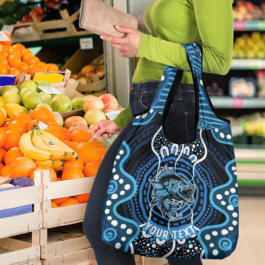 Custom Barramundi Fishing Grocery Bag Indigenous Aboriginal Dot Art Blue Fish