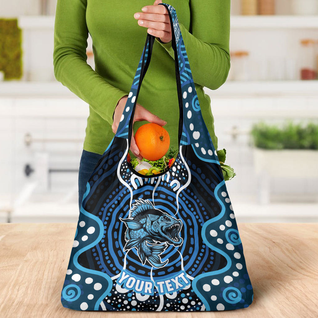 Custom Barramundi Fishing Grocery Bag Indigenous Aboriginal Dot Art Blue Fish